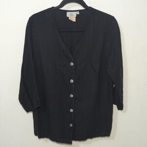 Hot Cotton 100% Linen Button-Front Shirt Black Lagenlook Minimalist Size M